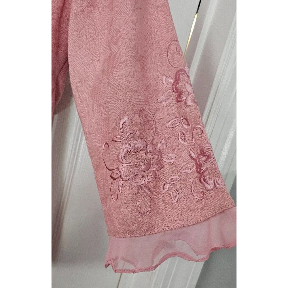 Vntg Plaza South Pink Linen Blend Skirt Suit Set 8 Floral Embroidered Ruffle